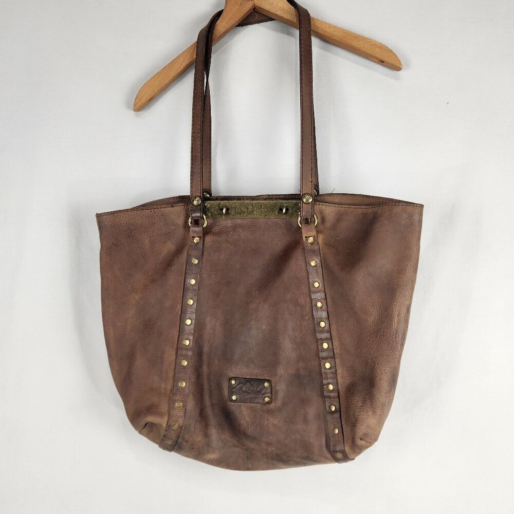 Patricia Nash Benvenuto Tote Brown Leather Bag Turn Lock Closure Studded Wester